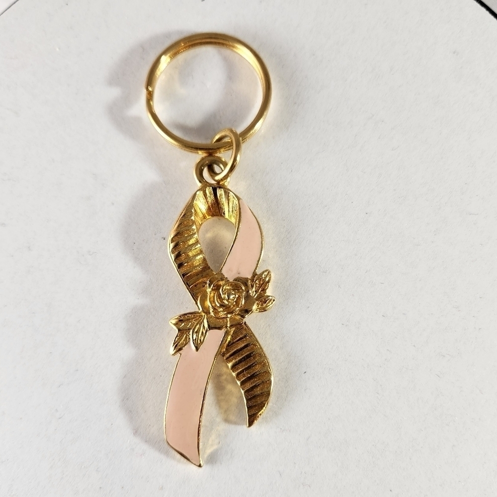 Vintage Avon Breast Cancer Key Chain Light Pink and Gold Ribbon with Gold Rose